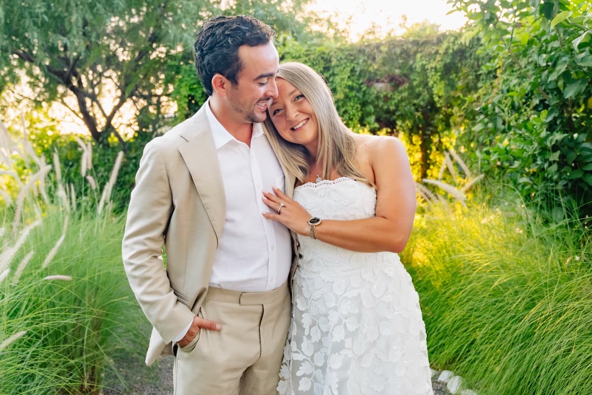 Taylor and Jeffrey in garden with golden hour light