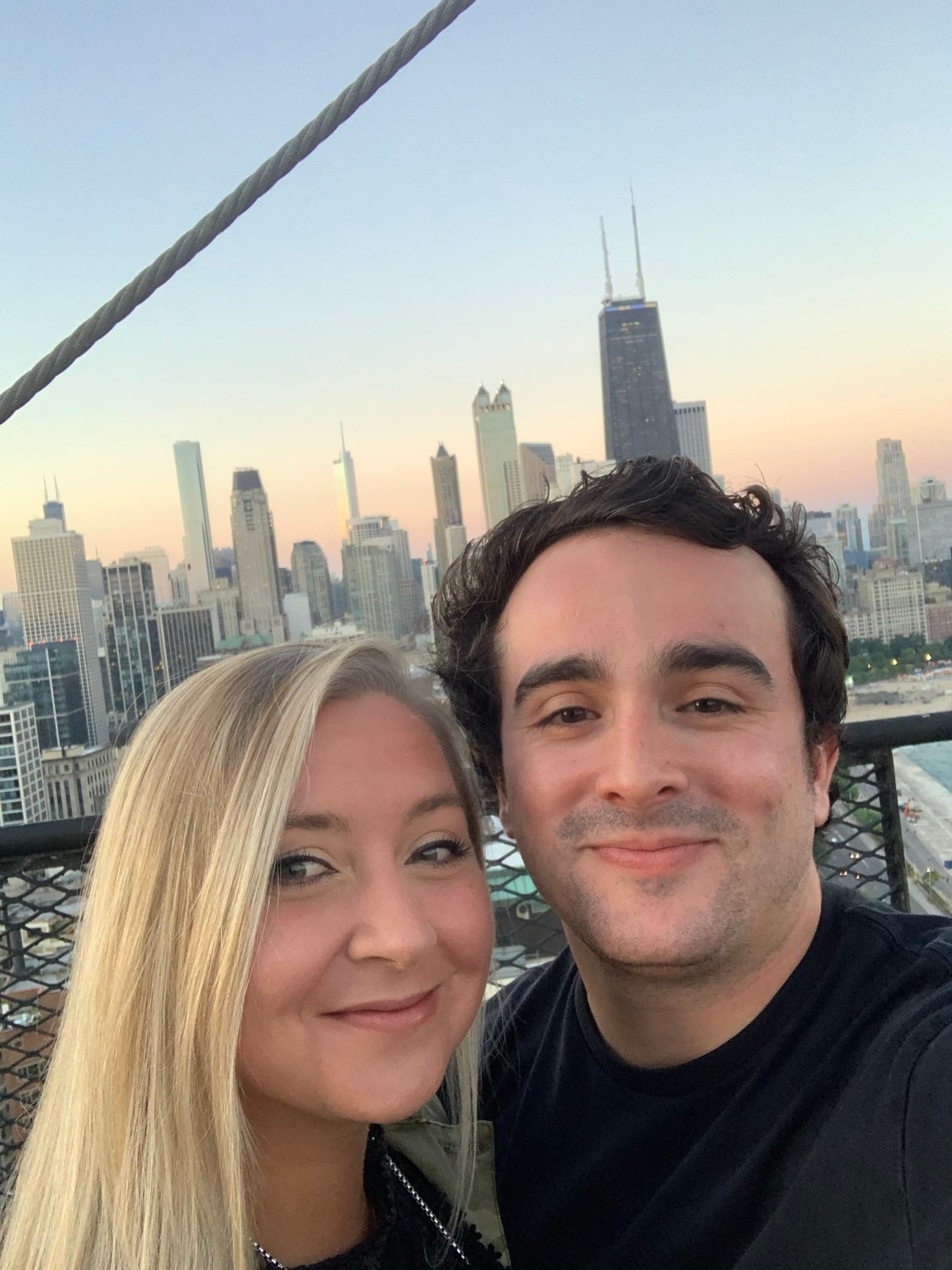 Selfie with the Chicago skyline at sunset